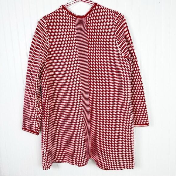 2XP TALBOTS‎ MERINO WOOL BASKETWEAVE DUSTER LONG CARDIGAN RED WHITE - Picture 3 of 11